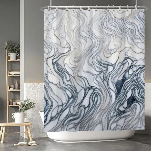 Vista 142 de Baocicco Cortina de ducha de mármol azul abstracto a rayas, decorativa, textura de lujo, línea moderna, decoración de acuarela, juego de cortinas