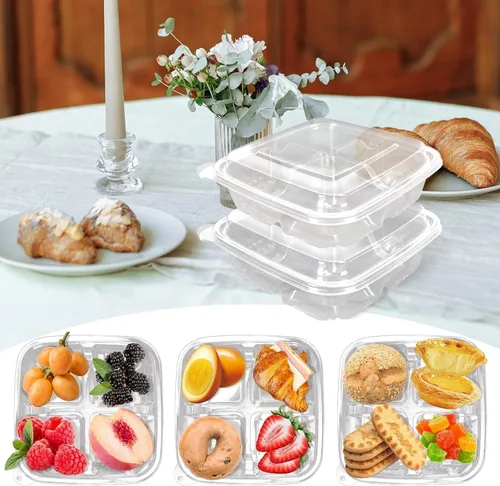 Vista 5 de 20 paquetes de contenedores de alimentos para aperitivos Bento transparentes, contenedores de preparación de comidas de 4 compartimentos con tapas