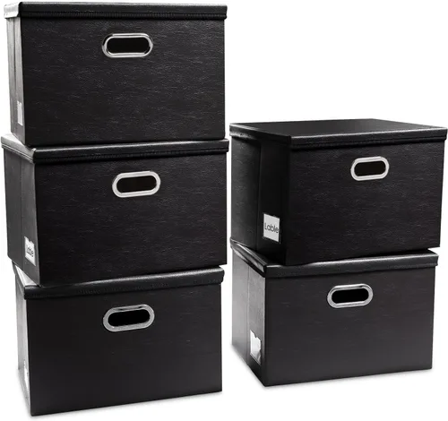 PRANDOM Cajas de almacenamiento apilables grandes con tapas paquete de 5 contenedores de almacenamiento plegables de tela de cuero, cestas con