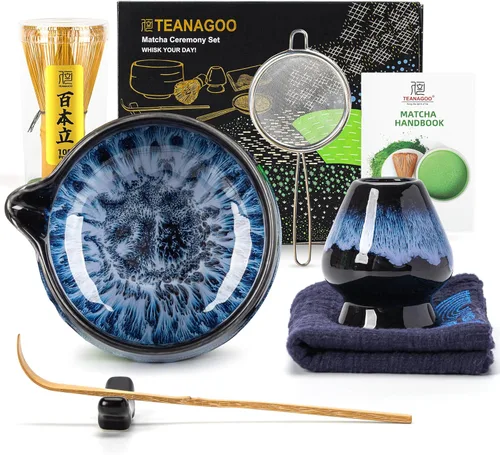 TEANAGOO 7 piezas juego de batidor matcha, juego de matcha para ceremonia, juego de matcha Junware-Azul, juego de té matcha para hacer
