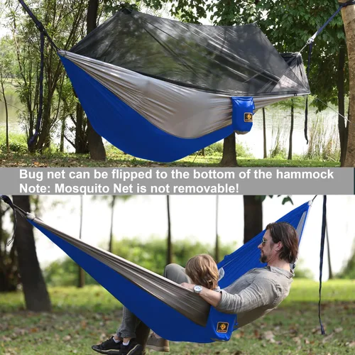 Vista 3 de Hamaca de camping con red, hamacas ligeras portátiles de viaje con correas para árboles y mosquetones sólidos en forma de D, hamaca de nailon