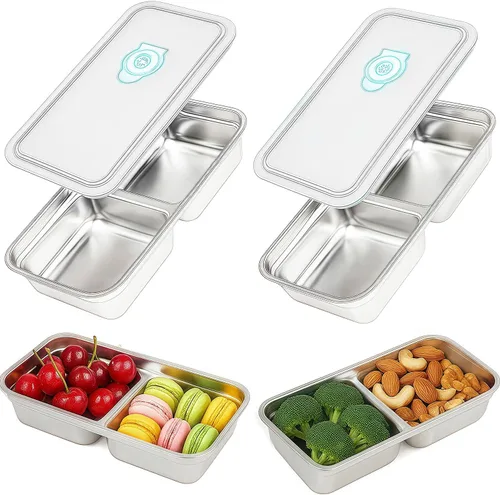 Vista 17 de 2 Piezas Cajas Bento de Acero Inoxidable 304, 30 oz 2 Compartimentos Contenedores Portátiles de Almacenamiento de Alimentos Cajas de Aperitivos
