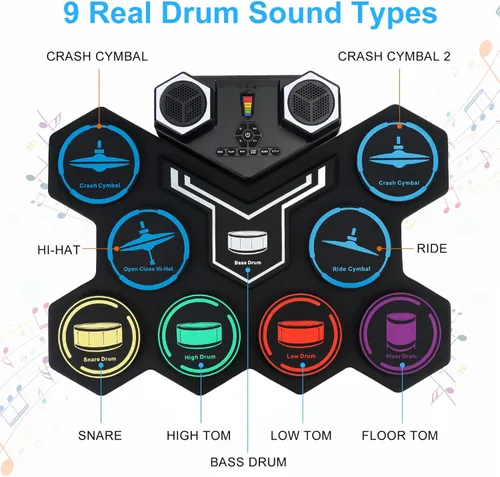 Vista 3 de Conjunto de batería electrónica, Marrilley, 9 almohadillas con entrada para auriculares, almohadilla enrollable más grande, altavoces estéreo duales