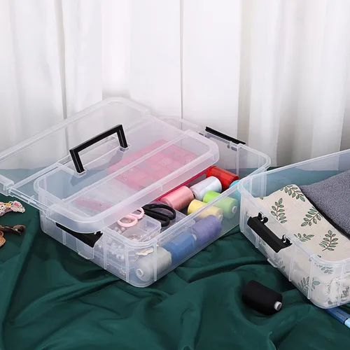 Vista 9 de JUXYES Caja de Almacenamiento Apilable de 2 Niveles con Asa, Contenedor de Almacenamiento Apilable Transparente con Tapa y Asa con Cierre