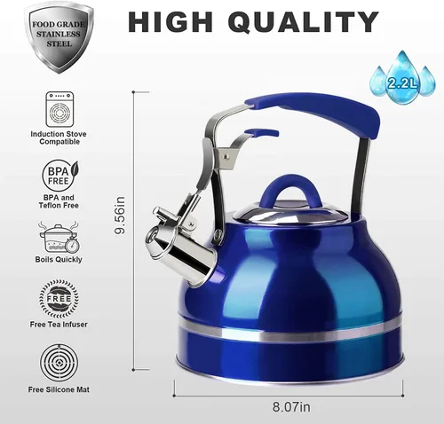 Vista 2 de Secura Hervidor de té silbante, hervidor de agua caliente de 2.3 cuartos de galón, tetera de acero inoxidable para estufas, tetera azul, infusor