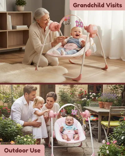 Vista 3 de Columpio para bebés de Tiny Marvels, columpio portátil con velocidad adaptable, música, barra de juguetes removible, columpio plegable para bebés