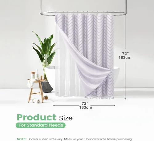 Vista 100 de Dynamene - Cortina de ducha de tela bohemia con rayas con chebrón en relieve, juego de cortina angosta para baño, media cortina impermeable