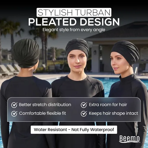 Vista 6 de BEEMO Gorros de natación para mujer, turbante de natación, de poliéster, con forro de látex, plisado para mujer Negro