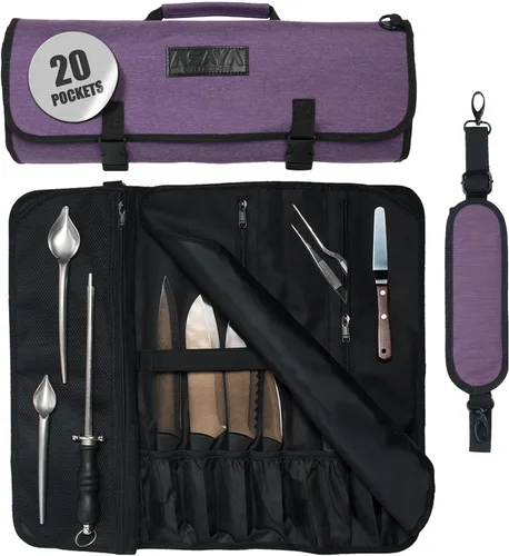Vista 9 de Asaya Bolsa enrollable para cuchillos de chef, 20 bolsillos en total para cuchillos y utensilios de cocina, fabricada con nailon encerado resistente