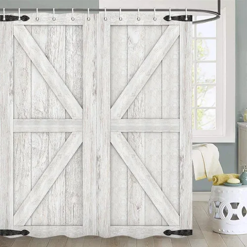 Vista 33 de Cortina de ducha de puerta de granero de madera rústica, 60 x 70 pulgadas, beige
