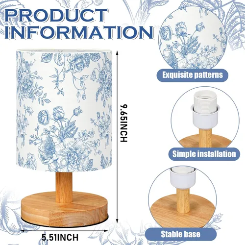 Vista 3 de VIHOSE - Lámpara de mesa azul floral para niños, lámpara de mesita de noche para dormitorio con pantalla de noche de lino y madera, lámpara