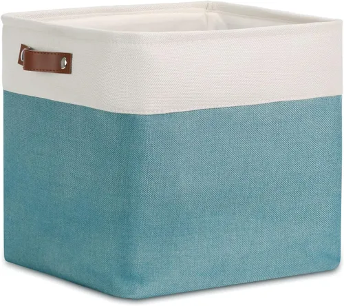 Vista 16 de DULLEMELO Cesta de almacenamiento pequeña para estantes, pequeña cesta plegable de tela rectangular para estantes, armarios, guardería, hogar, Beige
