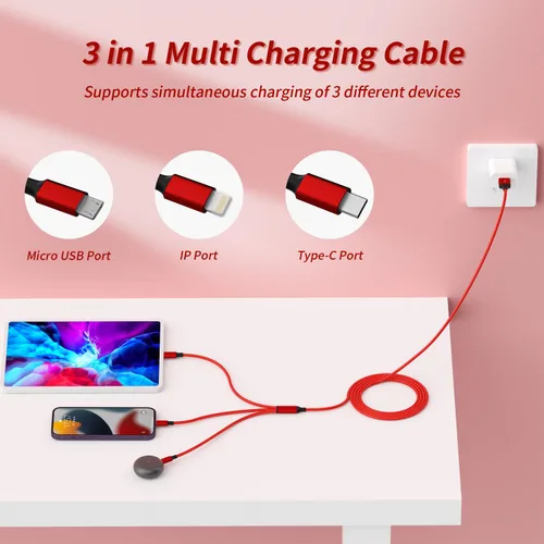 Vista 2 de Cable de carga múltiple 3 en 1 [2 unidades de 4 pies], cable USB de nailon trenzado rojo y cargador de viaje para múltiples dispositivos, cargador