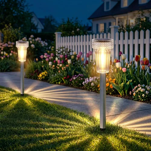 Vista 2 de Mancra - Luces solares al aire libre impermeables, juego de 8 luces de camino con bombilla de tungsteno de acero inoxidable, luces solares