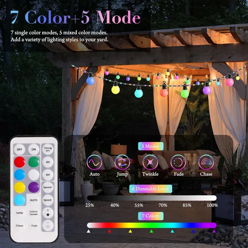 Vista 3 de Tira de luces para exteriores de 41 pies, 20 bombillas regulables + 80 cuentas LED, luces RGB para patio con control remoto, IP65, impermeable