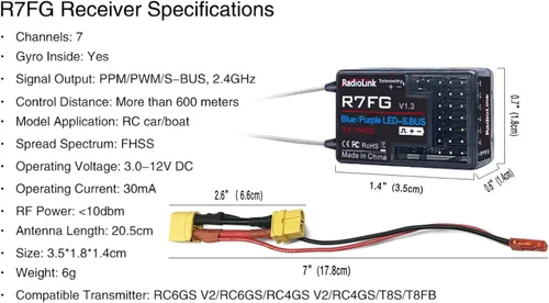 Vista 5 de HTLNUZD Radiolink R7FG RC Receptor de coche 7 canales 2.4GHz giroscopio superficie de voltaje IPX4 impermeable RX controlador compatible con largo