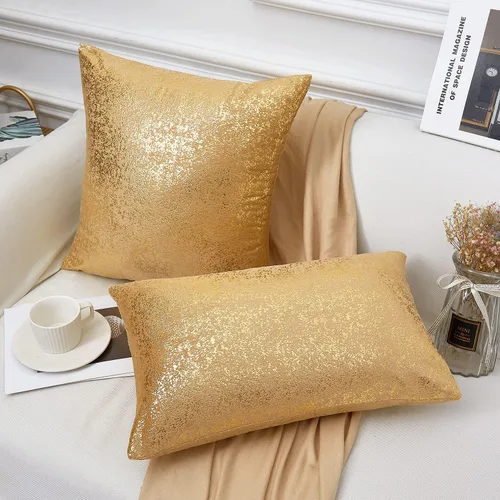 Vista 3 de Juego de 2 fundas de almohada doradas de 18 x 18 pulgadas, fundas de almohada decorativas doradas de ambos lados con estampado de lámina dorada