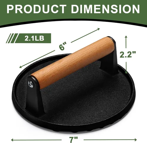 Vista 2 de EWFEN Prensa para Hamburguesas, 7" Redonda de Hierro Fundido Resistente Prensa Aplastadora para Tocino, Carne, Bistec con Mango de Madera