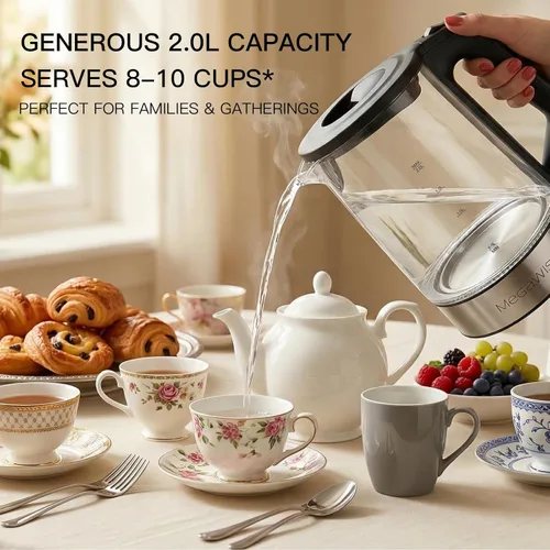Vista 8 de Megawise Hervidor eléctrico de vidrio con apagado automático, capacidad de 2 litros, 1000 W de ebullición rápida, sin BPA, tapa interior y base