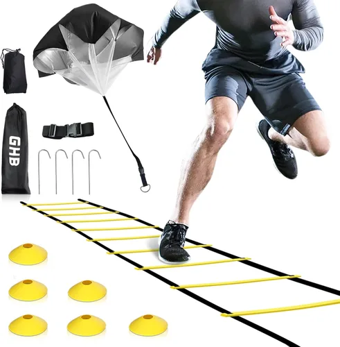 Vista 7 de GHB Agility Ladder Speed Training Ladder Workout Ladder with 6 or 10 Cones 12 Rung 20ft with Resistance Parachute