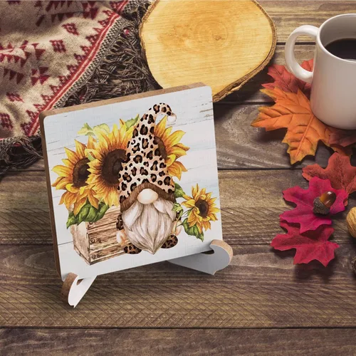 Vista 4 de Siumeili Bonito gnomo de girasol, decoración de escritorio de madera rústica, regalos de girasol para el hogar, granja, oficina, mesa de cocina