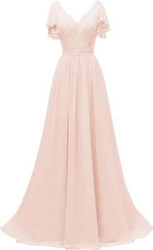 Yexinbridal Vestidos de dama de honor con mangas con volantes, cuello en V, de gasa, largo, formal, para boda, fiesta de noche, para mujer