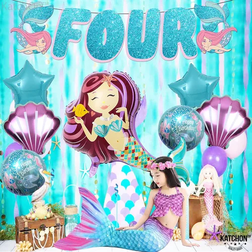 Vista 9 de KatchOn Juego de 8 decoraciones de sirena grande para cumpleaños número 4, globos de sirena y cumpleaños para niña de 4 años