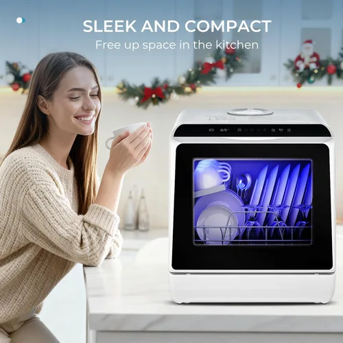Vista 9 de EUHOMY Lavavajillas de encimera de 6 programas, tanque de agua integrado de 5 litros y manguera de entrada, mini lavavajillas portátiles