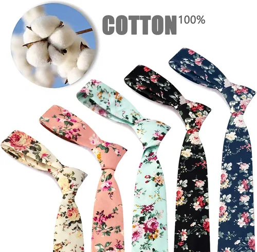 Vista 4 de SUNOVELTIES Corbatas de algodón con estampado floral delgado para novio, padrinos de boda, accesorios de disfraz de boda