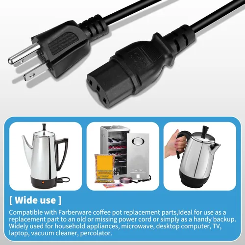 Vista 5 de HASMX Cable de alimentación percolador de 3 clavijas de 36 pulgadas para percolador Hamilton Beach modelo 40616, pieza de repuesto para cafetera