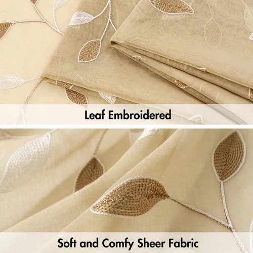 Vista 4 de MIULEE Cortinas traslúcidas beige 2 paneles bordados con estampado de hojas, bolsillo para barra, floral, semitransparentes, de lino sintético