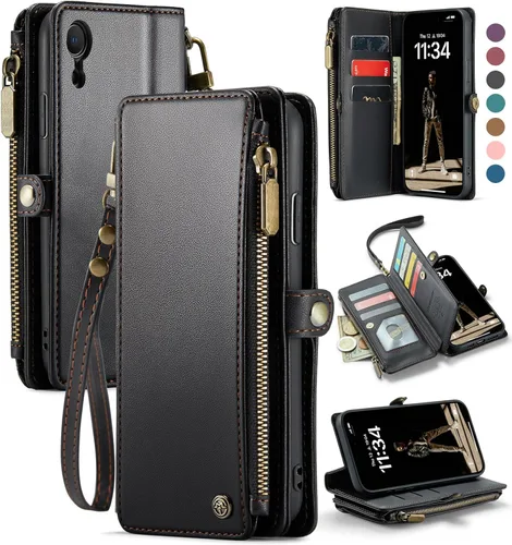 Vista 14 de Defencase Funda compatible con iPhone XR con tarjetero de bloqueo RFID para mujeres y hombres, a la moda, de piel sintética, magnética, cierre