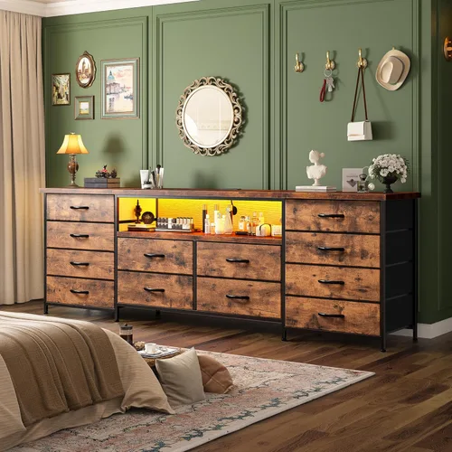 Vista 9 de Romorgniz Cómoda de 63 pulgadas para dormitorio con 12 cajones de tela, cómoda negra con luces LED y tomas de corriente, soporte de TV para TV de 70