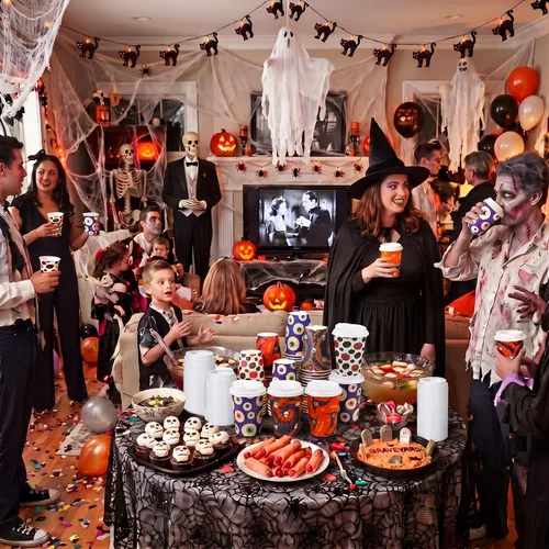 Vista 7 de 65 tazas de café desechables de Halloween de 14 onzas con tapas a