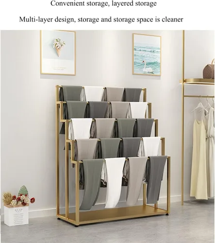 Vista 5 de Soporte de exhibición de bufanda de metal, dorado, antideslizante, varillas colgantes de 5 capas, 23.6-59.1 in