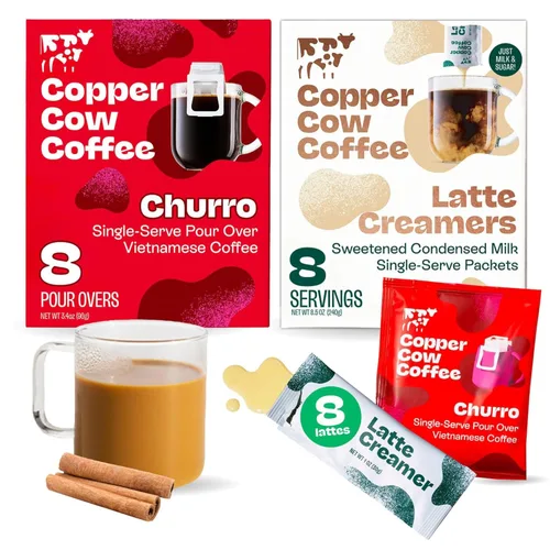 Vista 10 de Copper Cow Coffee Vierta sobre bolsas de café vietnamita + cremas de leche condensada endulzada (8 cafés y 8 cremas de leche) Lattes de vainilla