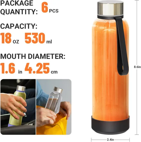 Vista 6 de Sursip Botellas de agua de vidrio de 18 onzas con tapas, botellas de jugo, botella de jugo de vidrio transparente para exprimir, botellas de jugo