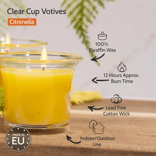 Vista 2 de HYOOLA Clear Cup Velas votivas perfumadas – Citronela – 12 horas de tiempo de combustión – Paquete de 4 – Fabricado en Europa