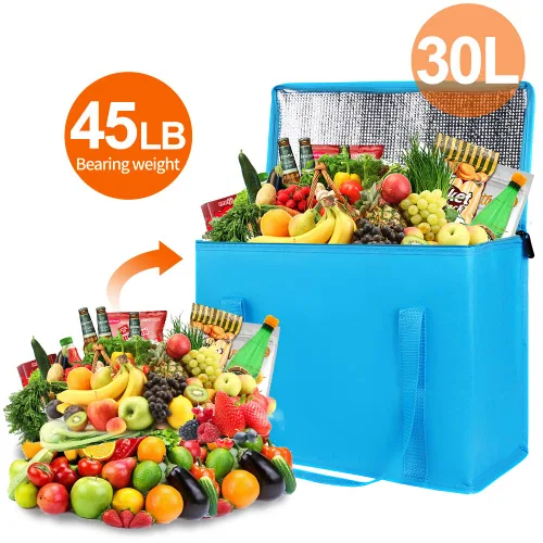 Vista 4 de Bodaon - Paquete de 2 bolsas de comestibles aisladas reutilizables para compras, tamaño XL, bolsas de entrega de alimentos suaves para Azul