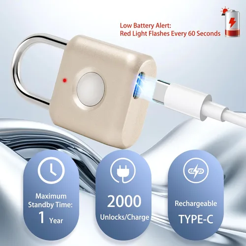 Vista 4 de UMIKSMART - Candado de huellas dactilares, bloqueo inteligente biométrico sin llave con batería recargable USB-C, candado de aleación de zinc