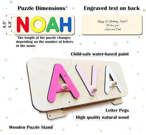 Vista 3 de Rompecabezas de madera con nombre personalizado para niños con letras extra grandes, rompecabezas personalizado con nombre de bebé para niños