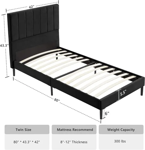 Vista 5 de Flolinda Base de cama individual con cabecera tapizada de terciopelo, soporte de listones de madera con muelles que prolonga la vida útil
