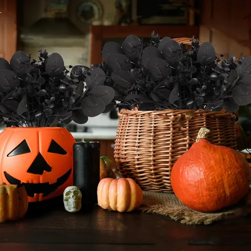 Vista 3 de ZeKonan 40 Piezas Tallos Artificiales de Eucalipto Negro, Ramas de Hojas de Eucalipto Falsas Ramo para Arreglos Florales DIY, Flores de Seda Negras
