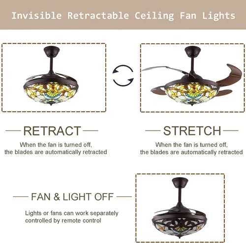 Vista 6 de TFCFL Ventilador de techo invisible estilo Tiffany de 42 pulgadas con luces y control remoto, cuchillas retráctiles, 3 velocidades, 3 cambios