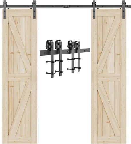 Vista 9 de Signstek Kit de herrajes para puerta corrediza de granero de 5 pies de servicio pesado con gancho para puerta, guía de piso ajustable y 2 manijas