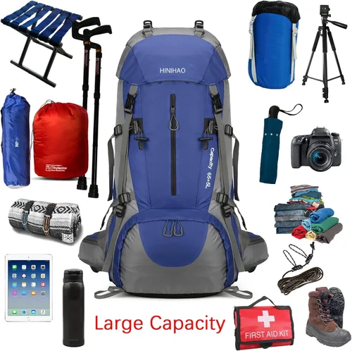 Vista 5 de HINIHAO Mochila de senderismo para acampar de 70 litros con cubierta de lluvia, mochila para treeking paquete de viaje al aire libre (70L azul)