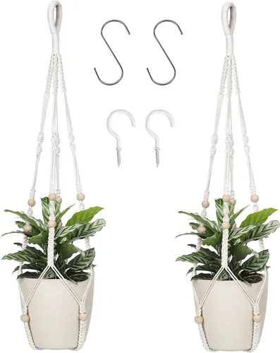 Vista 8 de Colgador de macramé para colgar plantas de interior con cuentas de madera, macetas de macramé sin borlas, para interiores y exteriores, decoración