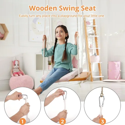 Vista 3 de Columpio de madera para árbol, columpio de madera para adultos/niños con capacidad de carga de 500 libras, asiento de columpio de madera