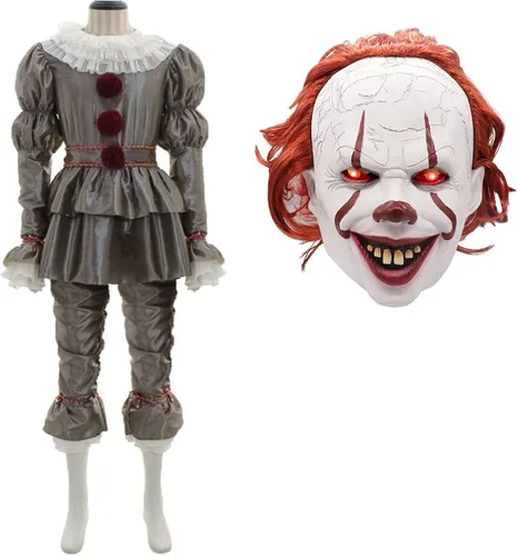 Vista 2 de Disfraz de payaso de IT, disfraz de payaso de Halloween para niños y adultos con máscara de payaso LED