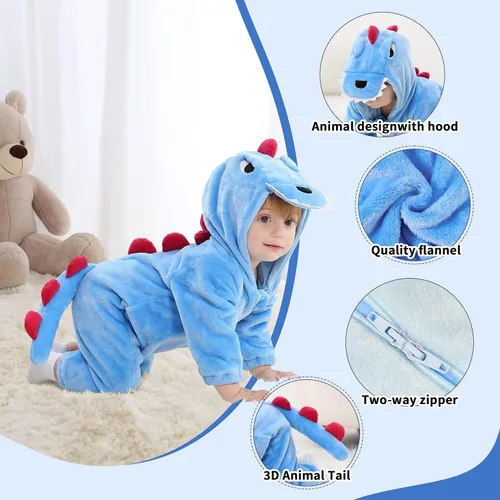 Vista 37 de LOLANTA Disfraz de dinosaurio para niños pequeños, unisex, de franela con capucha, mameluco de disfraz